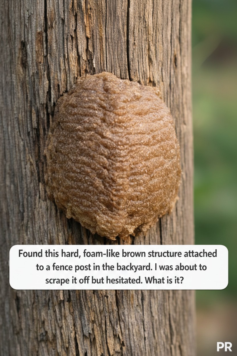 Found this hard, foam-like brown structure attached to a fence post in the backyard. I was about to scrape it off but hesitated. What is it?